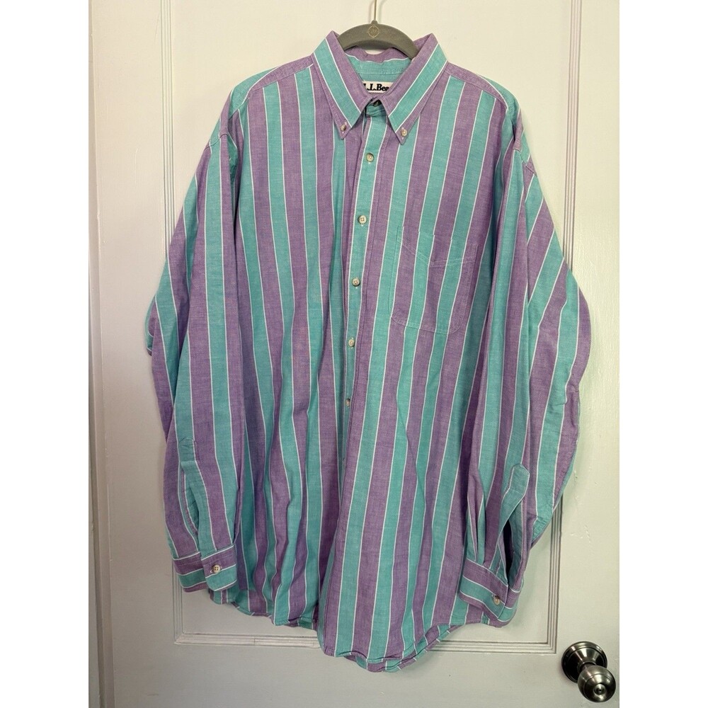 Vintage LL Bean USA Oxford Shirt Large Tall LT Purple Teal Stripe Button Down